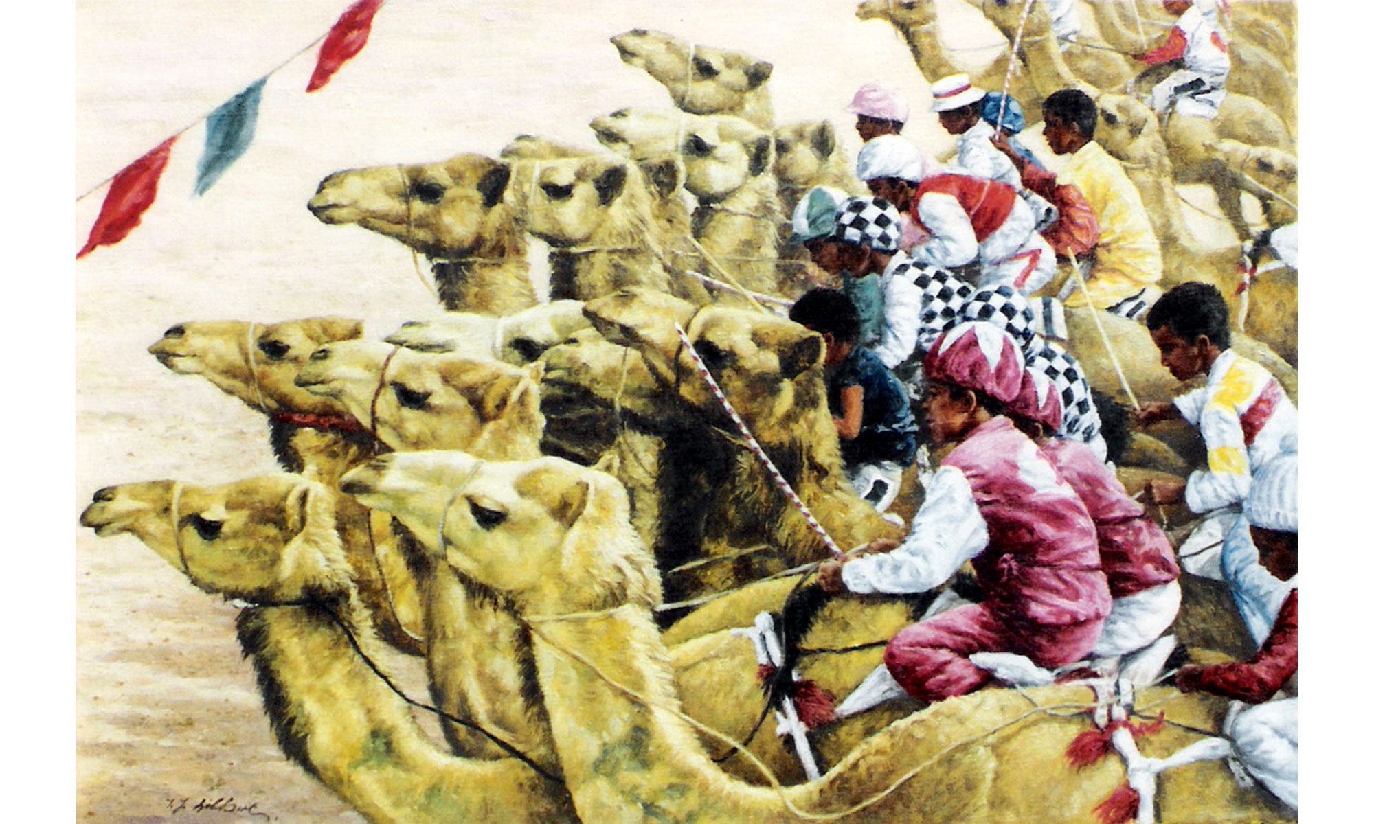 Camel Racing Painting by Terence J Gilbert Oil on Board