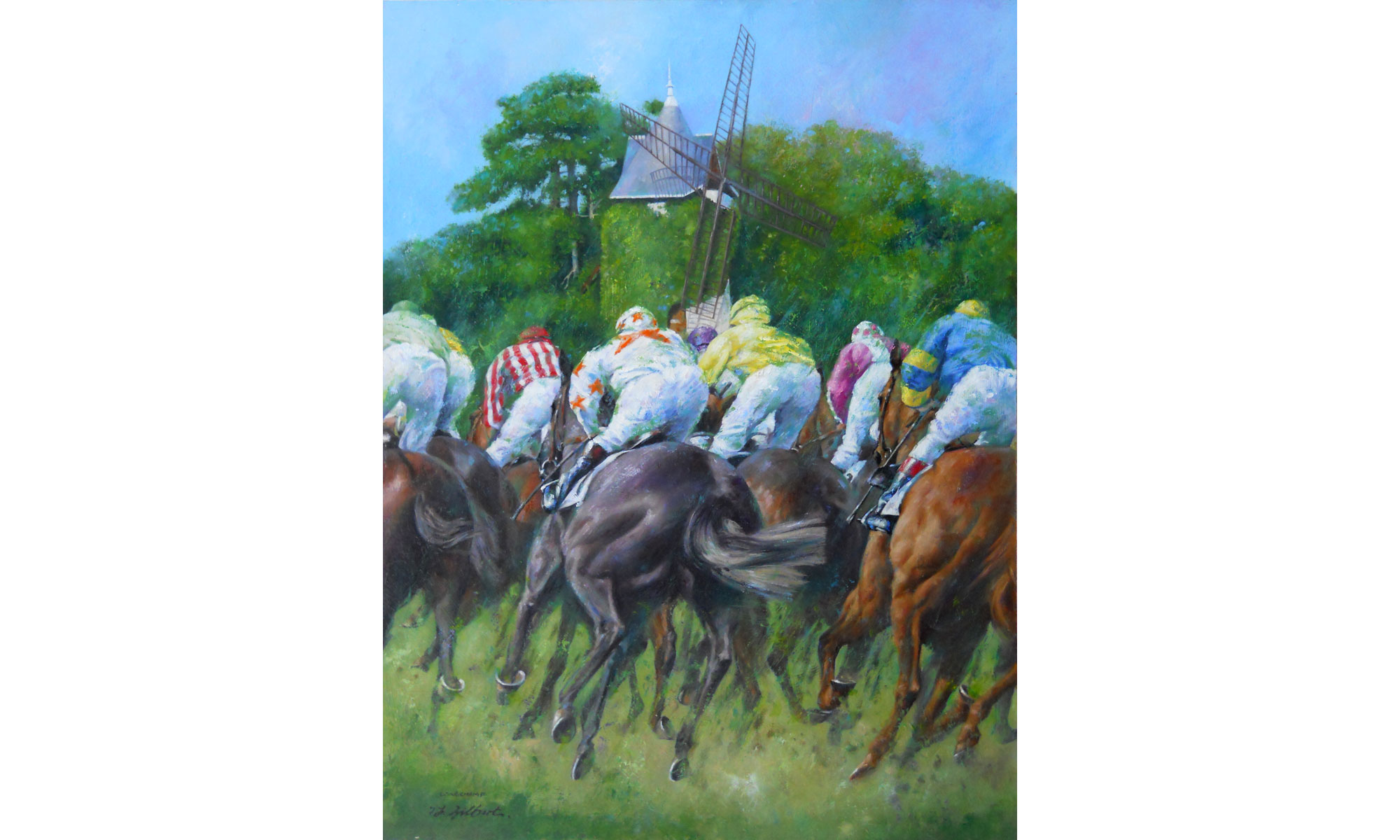 Longchamp Horse Racing Painting by Terence J Gilbert Oil on Board