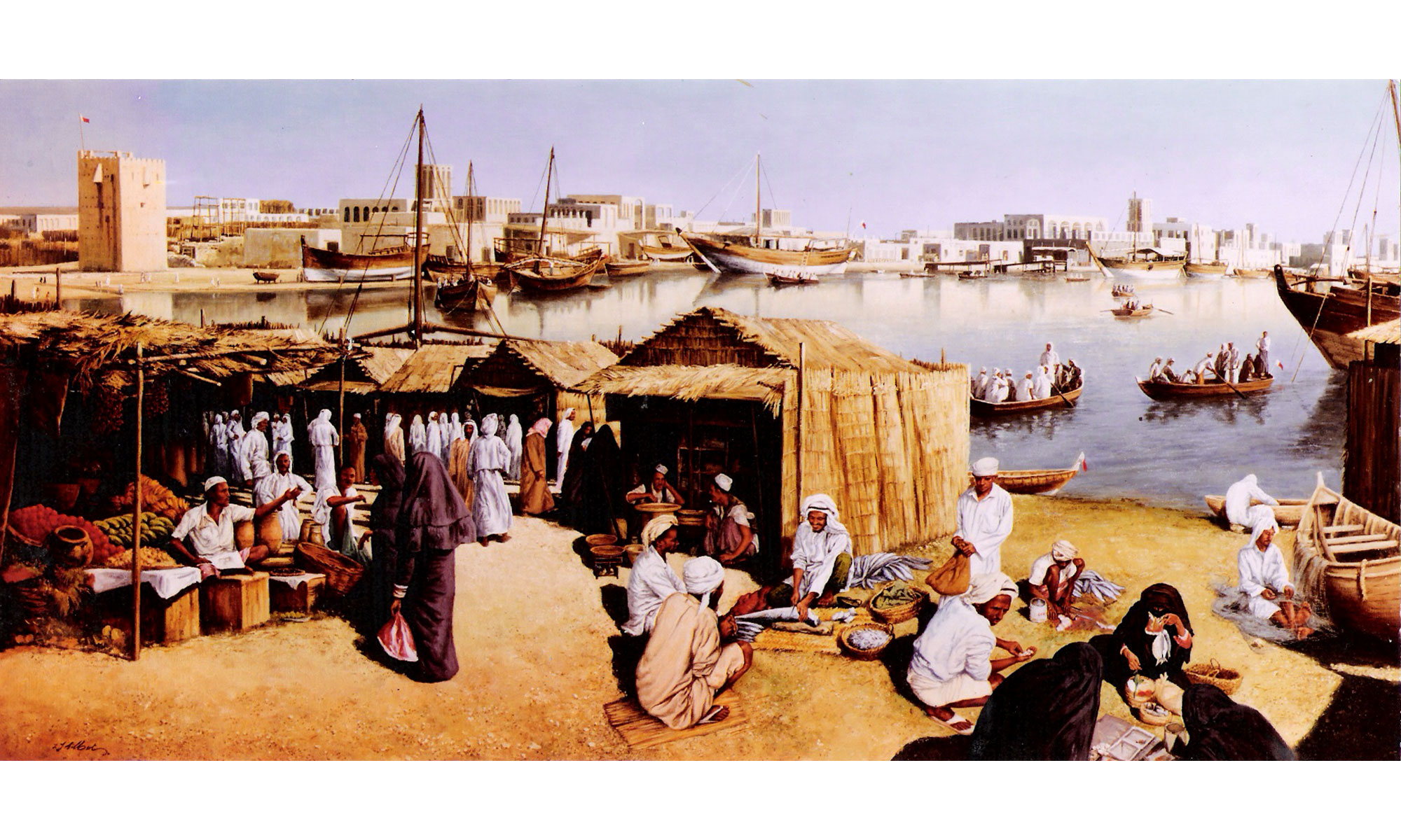 Old Dubai Market Painting by Terence J Gilbert Oil on Board